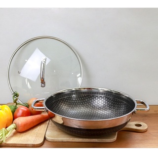 Chảo xào inox 304 cao cấp KimsCook NOONSONG 2 quai 30cm chống dính 2 mặt 3 lớp đúc liền đáy từ nắp kính , tặng 1 sạn ino