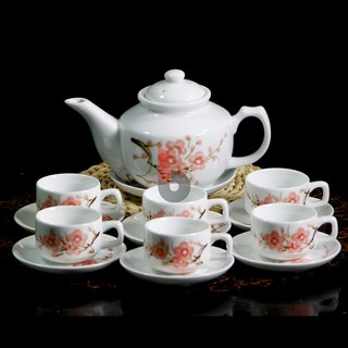HỢP MỌI PHÒNG KHÁCH, Bộ tách trà gốm sứ HONGKONG1 vẽ hoa đào, bộ bình trà sứ, bộ tách trà, bộ tách trà gốm sứ, bộ ấm pha