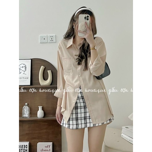 Áo sơ mi trơn basic dáng rộng túi ngực ulzzang