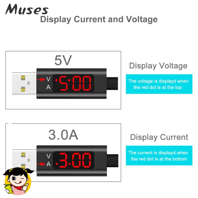 Muse07 Dây cáp sạc đầu USB Type-C có đèn LED hiển thị điện năng cho Samsung iPhone