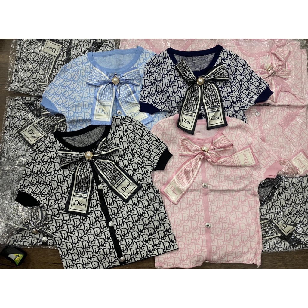 Len dệt kim tay ngắn dior gắn nơ
