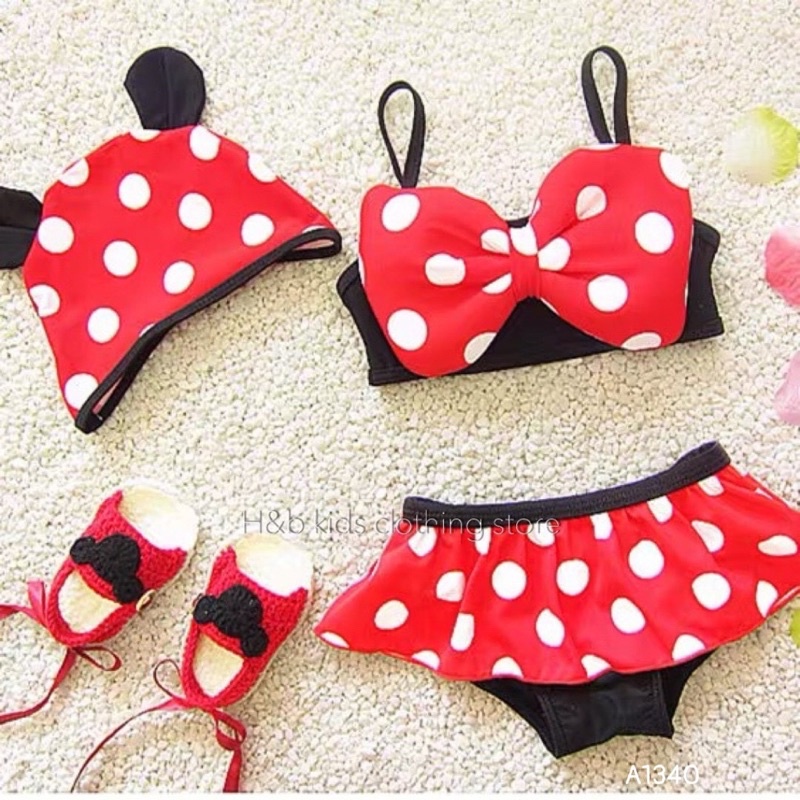 Set bikini mickey chấm bi đỏ 3 chi tiết xinh xắn cho bé- bikini hottred 2021