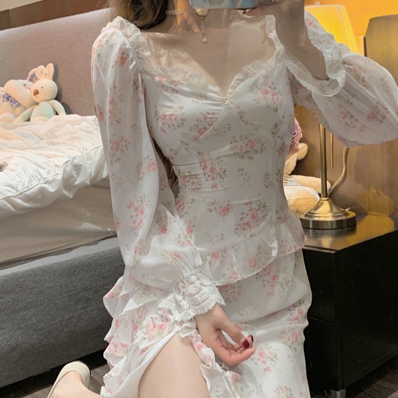 Đầm HANAHAKI Hoa Cổ Vuông Thiết Kế Xẻ Tà Phong Cách Pháp