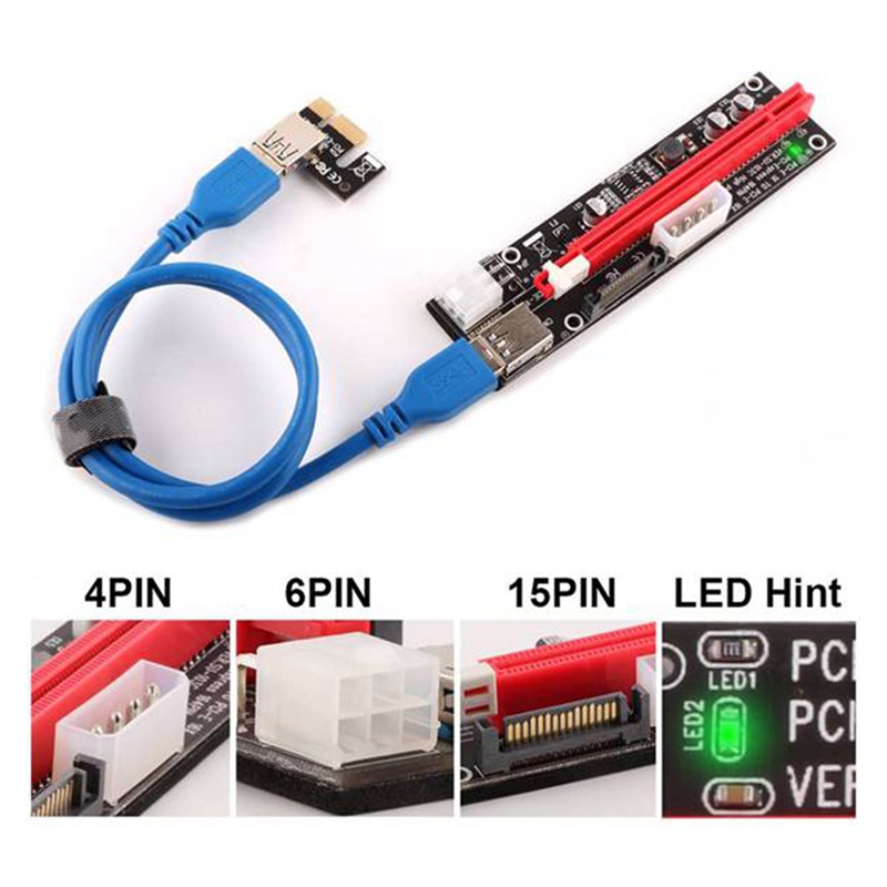 VER103C 3 in 1 LED Riser Power PCI-E Riser Card 4Pin 6Pin Sata 15PIN PCI Express 1X to 16X Extension Cable for Bitcoin
