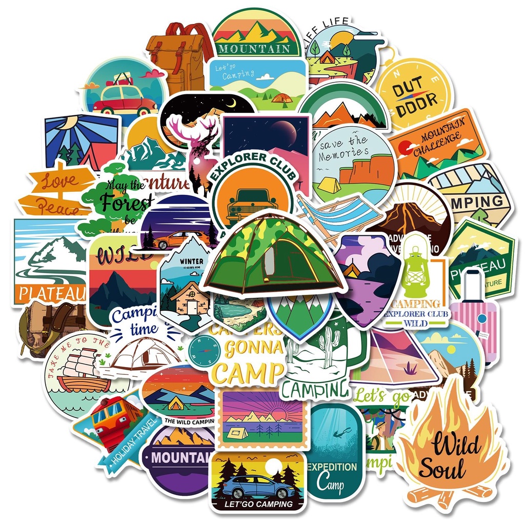 50 tấm dán Sticker Camping cắm trại ngoài trời phong cảnh không thấm nước dán laptop, nón bảo hiểm, xe, điện thoại, vali