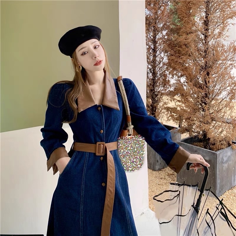 Váy jean xuông dài kèm thắt lưng da Hàn Quốc