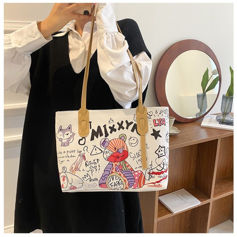 Túi công sở nữ tote da pu để vừa A4 kẹp nách đeo vai in hình gấu đi học đi chơi giá rẻ đẹp