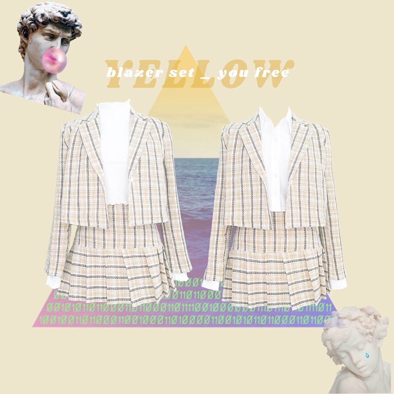 DALLA Set áo vest blazer nữ croptop tay dài sọc vàng Dalla Saigon