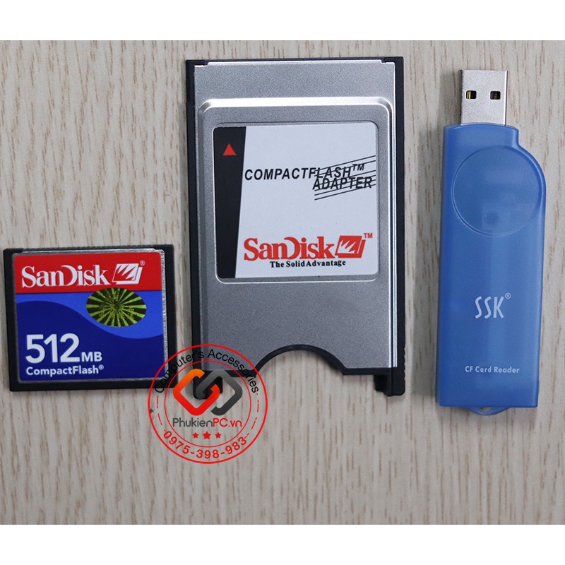 Combo Thẻ nhớ CF Card 512Mb, vỏ thẻ PCMCIA 68 chân, đầu đọc thẻ nhớ CF USB chuyên dụng