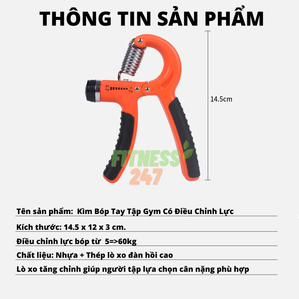 Kìm Bóp Tập Cơ Tay Có Lò Xo Điều Chỉnh Lực 5-60Kg Tăng Sức Mạnh Cơ Bàn Tay Và Ngón Tay