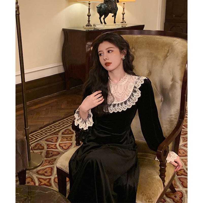 [F &amp; X Selection] Đầm Nhung Đen Ghép Vải Ren Dáng Dài Kiểu Pháp Thời Trang Thu Đông Mới Cho Nữ