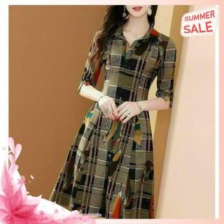 Đầm Xoè Cổ Sơ Mi In Hoạ Tiết Cao Cấp - Váy Công Sở Thun Nhập Phối Màu Dáng Xoè Siêu Sang Quảng Châu