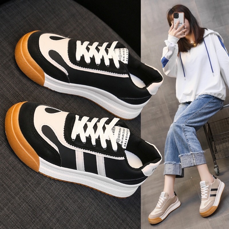 Giày MWC 0694 - Giày Thể Thao Nữ Đế Bánh Mì, Giày Sneaker Da Hai Sọc Cá Tính Năng Động