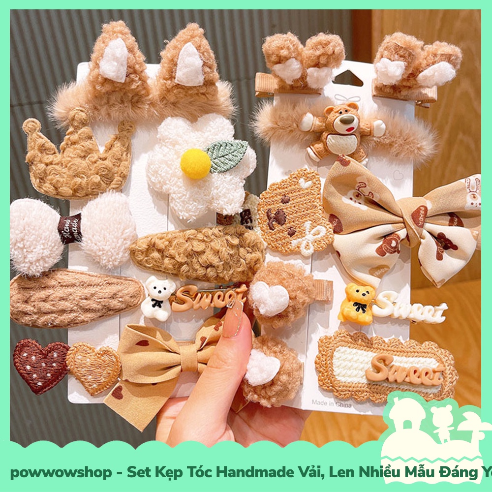 [Sẵn VN - Hỏa Tốc] Set Kẹp Tóc Handmade Vải, Len Nhiều Mẫu Đáng Yêu Hoạt Hình Warn White &amp; Brown