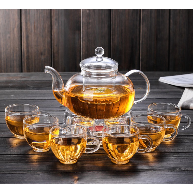 Bộ Ấm Pha Trà Thủy Tinh Chịu Nhiệt Dung Tích 600ml, Bộ Bình Trà Kèm 06 Chén và 01 Đế Nến