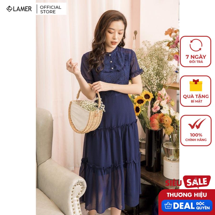 Đầm nữ xòe phối ren LAMER L63L19Q021 (Xanh tím than)