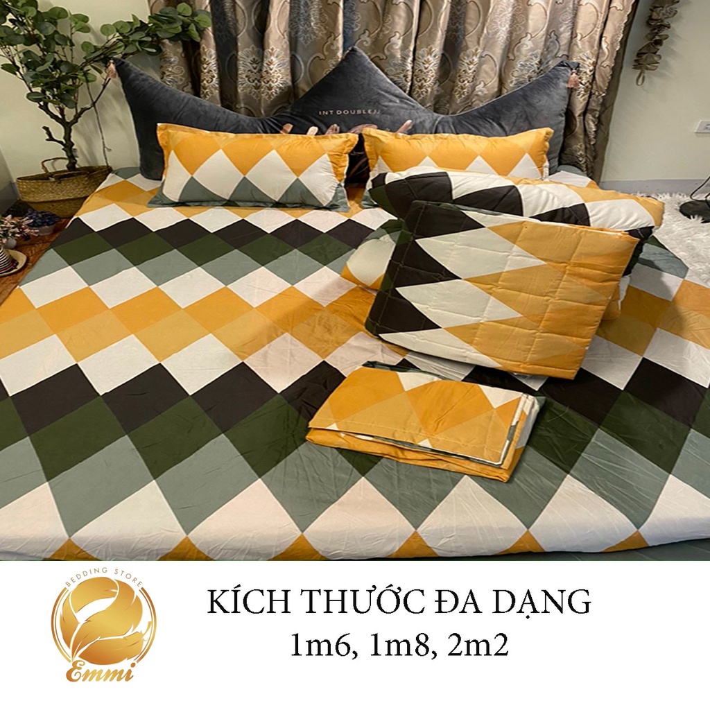 Set ga gối chăn hè chần bông Cotton 5 món Emmibedding Store, mẫu Kẻ sóng vàng mền cotton họa tiết đáng yêu