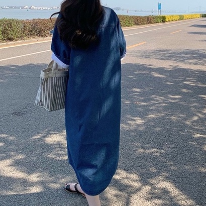 Váy sơ mi jean nữ dáng dài cộc tay, đầm sơ mi nữ form rộng phong cách ulzzang A18