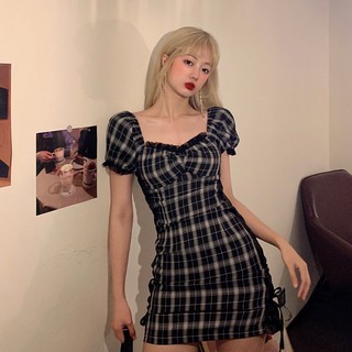 Đầm tay ngắn sọc caro đen dây rút cột phối ren ôm body tôn dáng ulzzang có big size