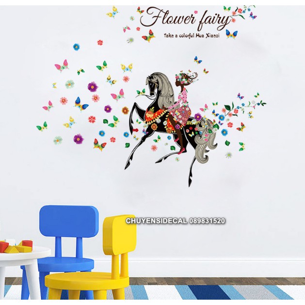 Decal trang trí tường - Cô Gái Hoa Cưỡi Ngựa Cực Ngầu
