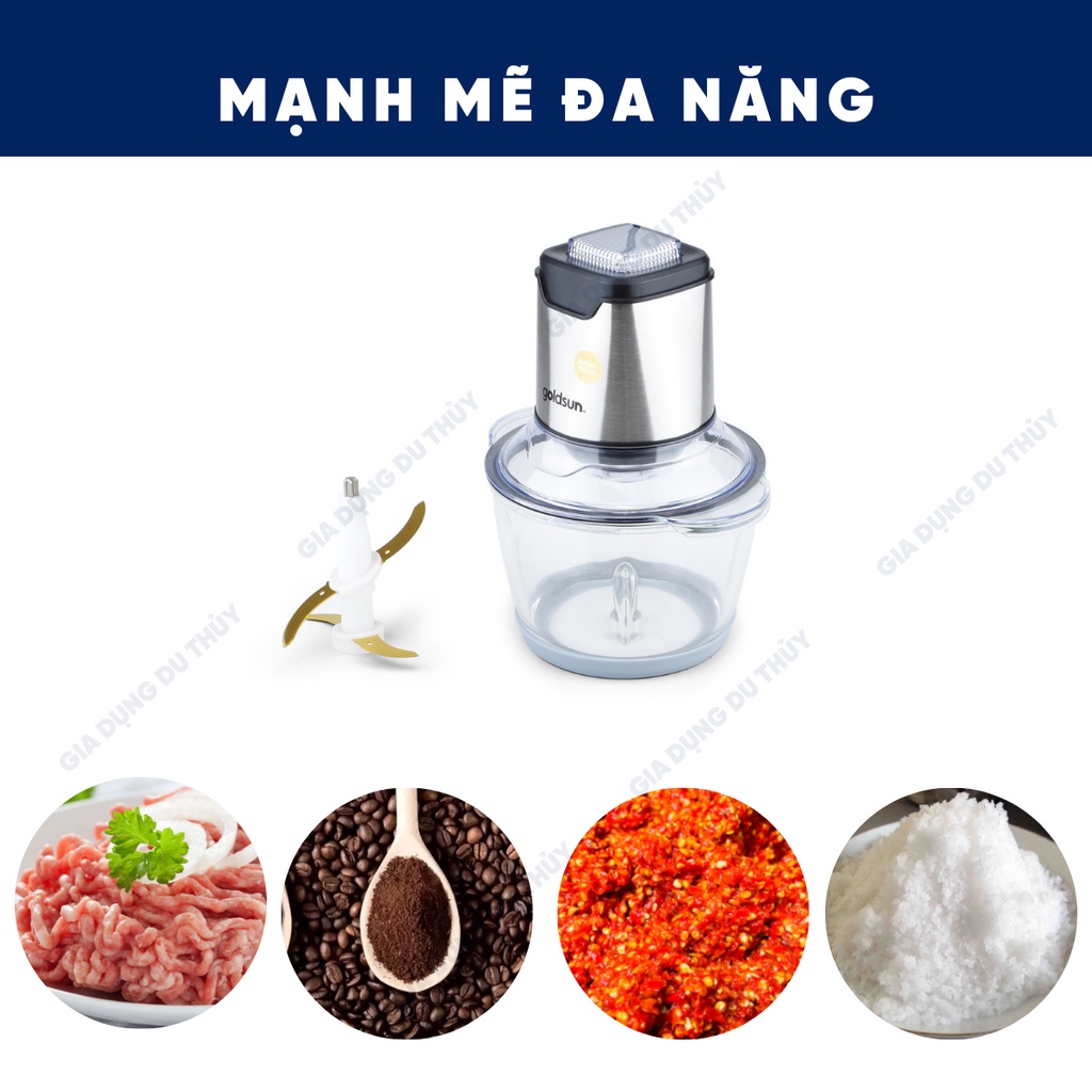Máy xay thịt thủy tinh đa năng Goldsun lưỡi dao 2 tầng kép inox 304 phủ titaniumn, siêu bén 450W bảo hành 12 tháng