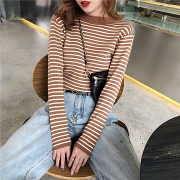 Áo sweater cổ cao tay dài dáng vừa vặn kẻ sọc kiểu Hàn Quốc cho nữ