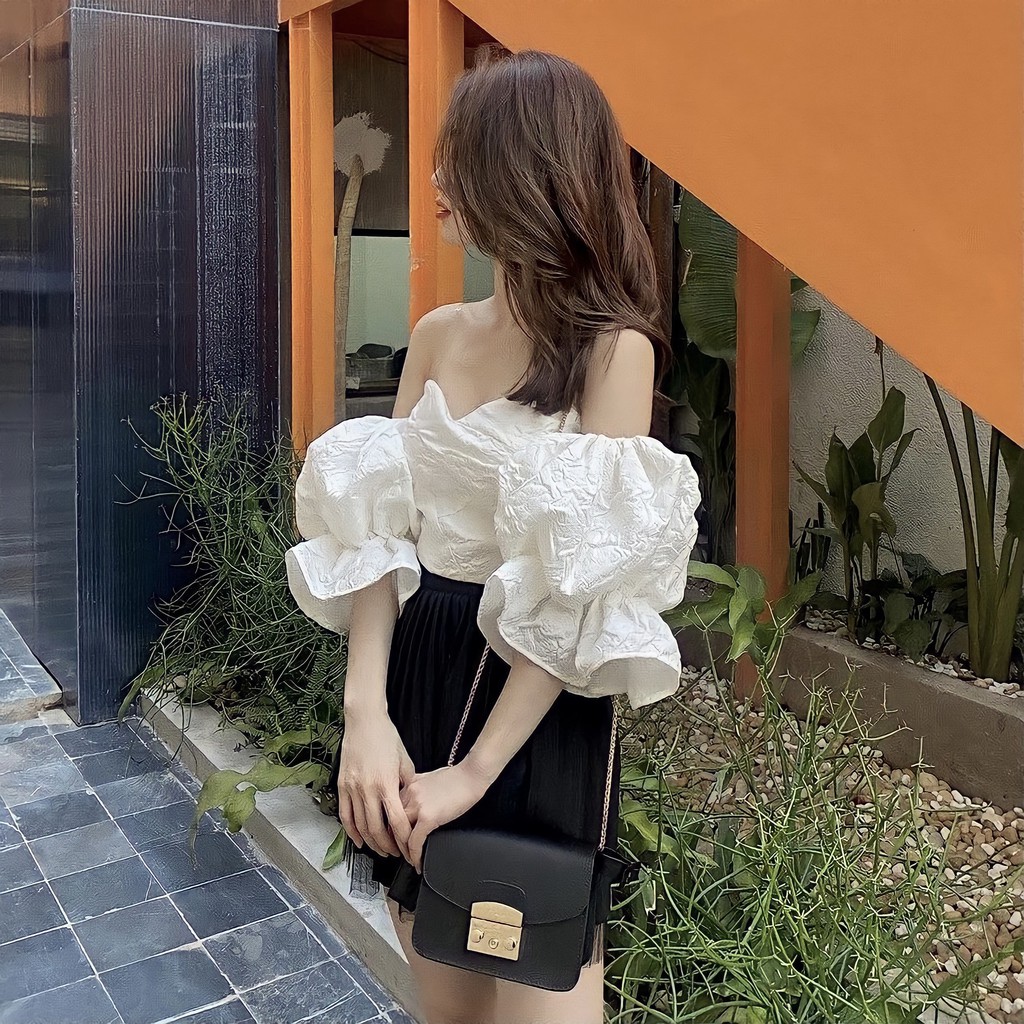 [Mã WABRTN giảm 10%]Áo trễ vai vân gấm tay rời bồng chun co giãn trắng Tingoan AUDREY OFF