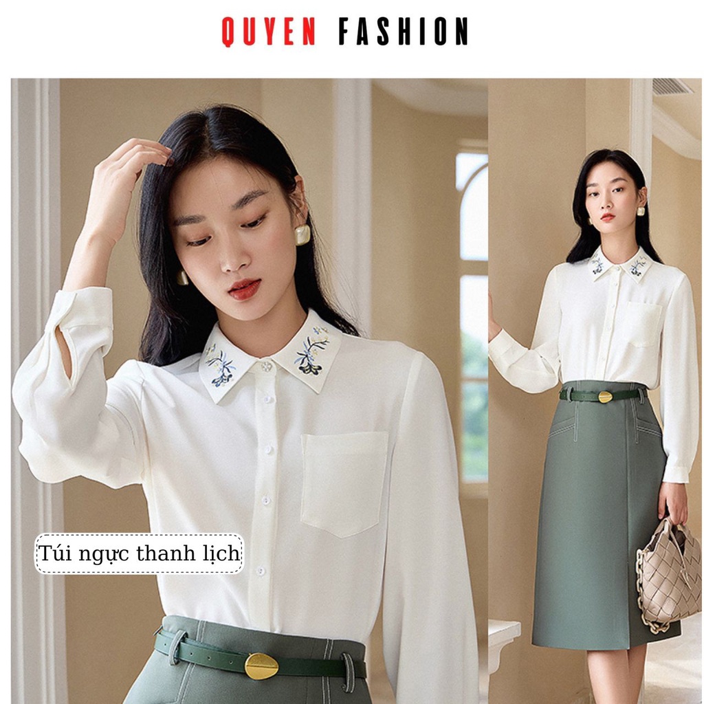 Áo sơ mi công sở thêu hoa cổ đính hạt thanh lịch QUYÊN FASHION SMT017, màu trắng kiểu hàn quốc túi ngực