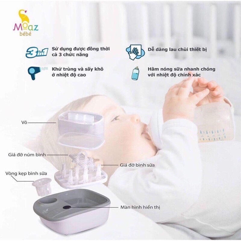 Máy Hâm Sữa, Tiệt Trùng, Sấy Khô 3 In 1 Moaz Bebe MB005