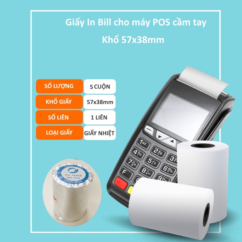 Bộ 5 Giấy In Bill K57 - Giấy In Nhiệt K57 (57mm x 38mm) Cho Máy Cà Thẻ, Pos cầm tay Now Delivery/ Grab / Goviet