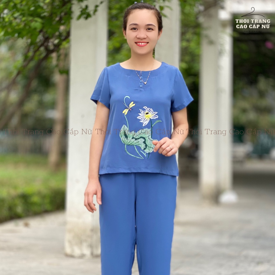 Đồ Bộ Trung Niên Cho Mẹ Mặc Nhà Thêu Hoa Chất Đũi Mềm Mịn,Thoáng Mát Thâm Hút Mồ Hôi TN15 - MT.shop