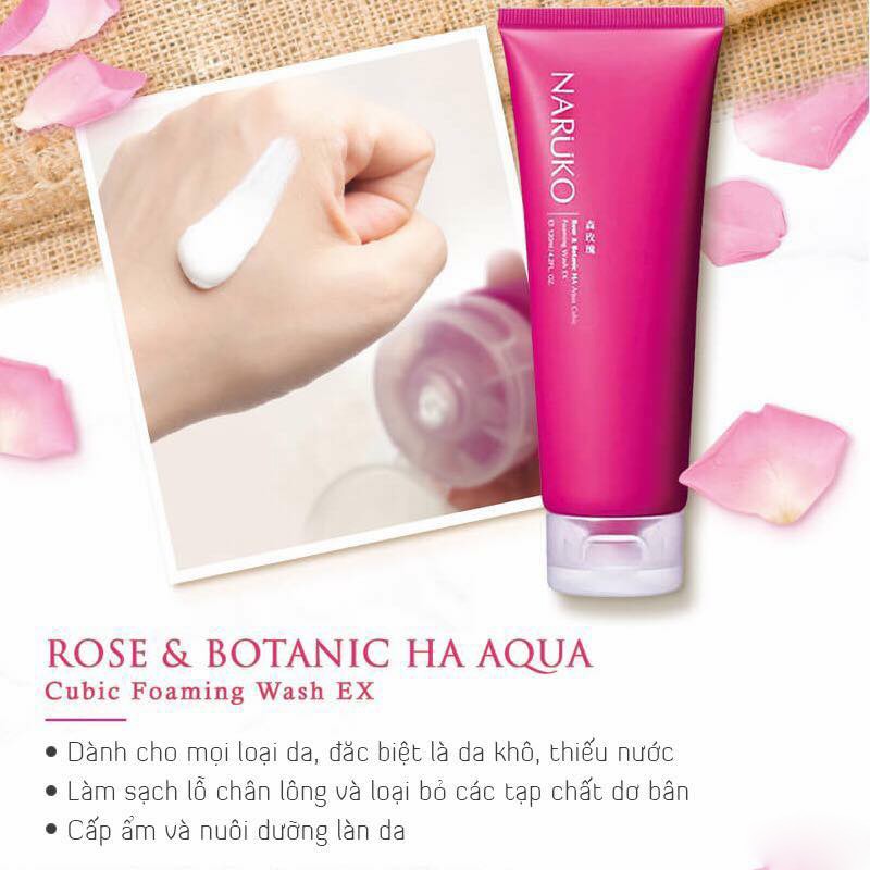 Sữa rửa mặt bọt hoa hồng nhung rừng Naruko Rose &amp; BOTANIC HA Aqua Cubic Foaming Wash EX 120ml(Bản Đài)