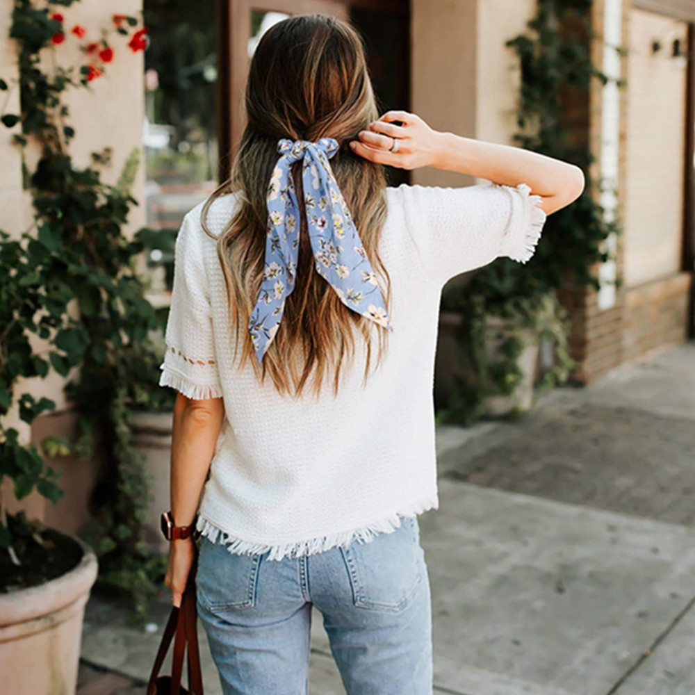 Dây Buộc Tóc Co Giãn Thắt Nơ Họa Tiết Hoa Chấm Bi Phong Cách Boho Cho Nữ