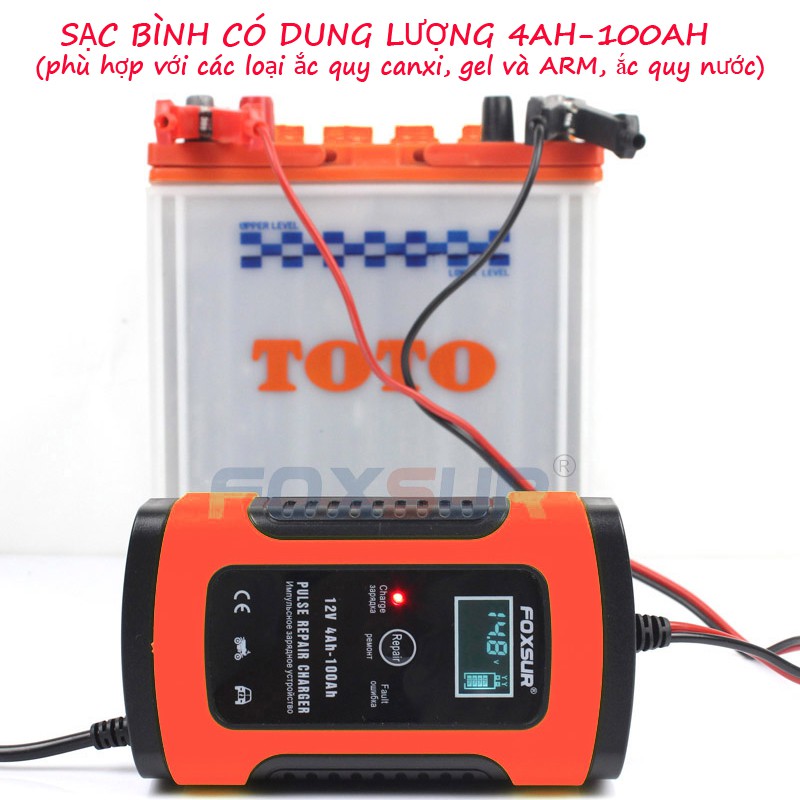 Bộ máy sạc bình ắc quy 12V FOXSUR tự ngắt khi đầy chức năng bảo dưỡng phục hồi ắc quy bằng khử sunfat chống ngược cực