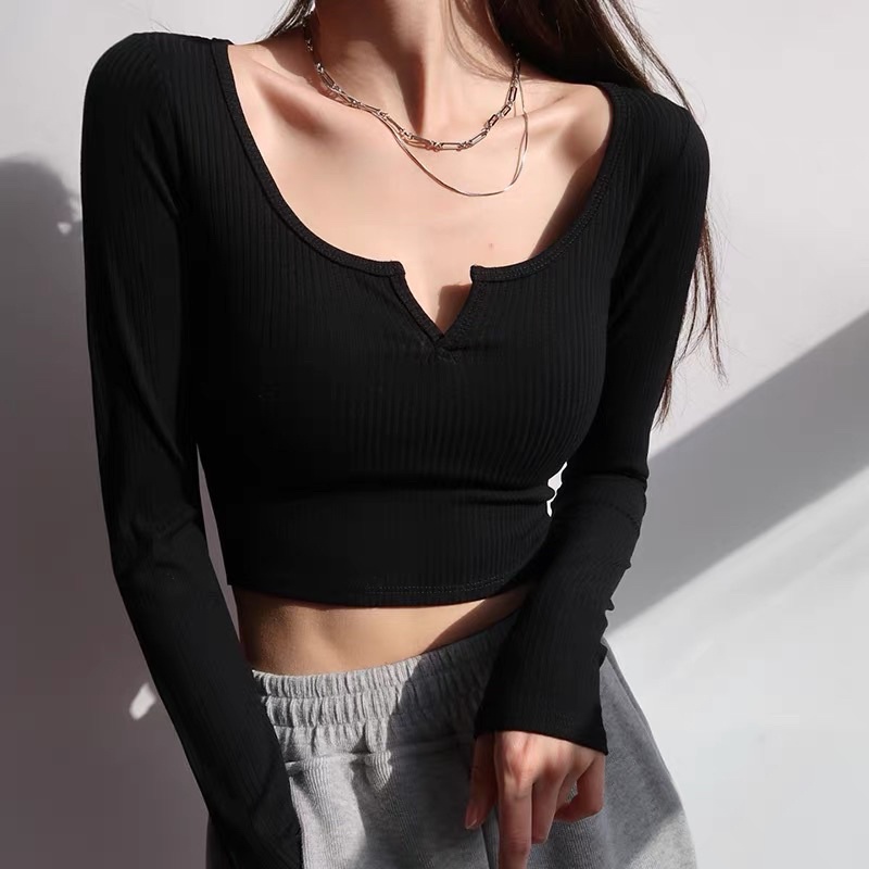 Áo thun gân cổ xẻ tay ngắn tay dài (ảnh thật ib)