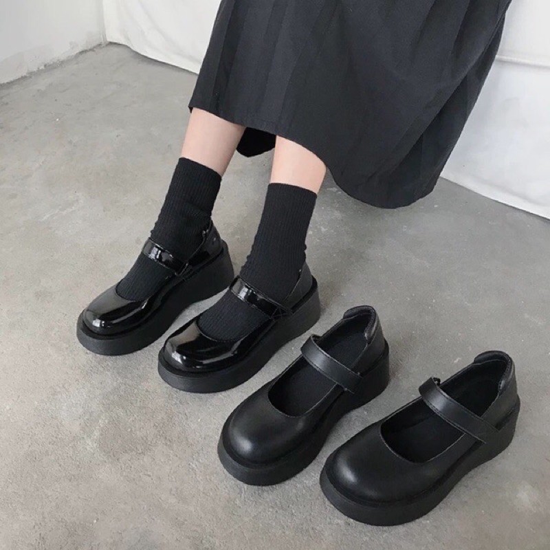 Giày Mary Jane Ulzzang đế bằng 5cm đen bóng, đen nhám phong cách Hàn Quốc