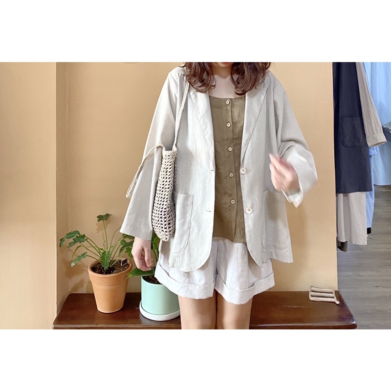 Blazer beige linen bột dày