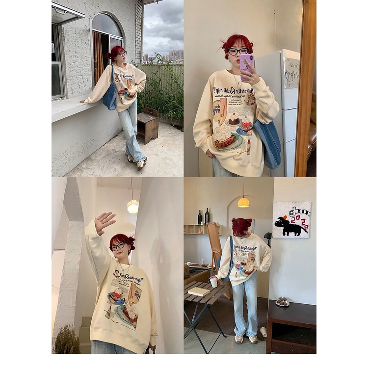 Áo Hoodie Mỏng Cổ Tròn Dáng Rộng In Họa Tiết Vintage Mỹ Thời Trang Xuân Thu Mới Cho Nữ