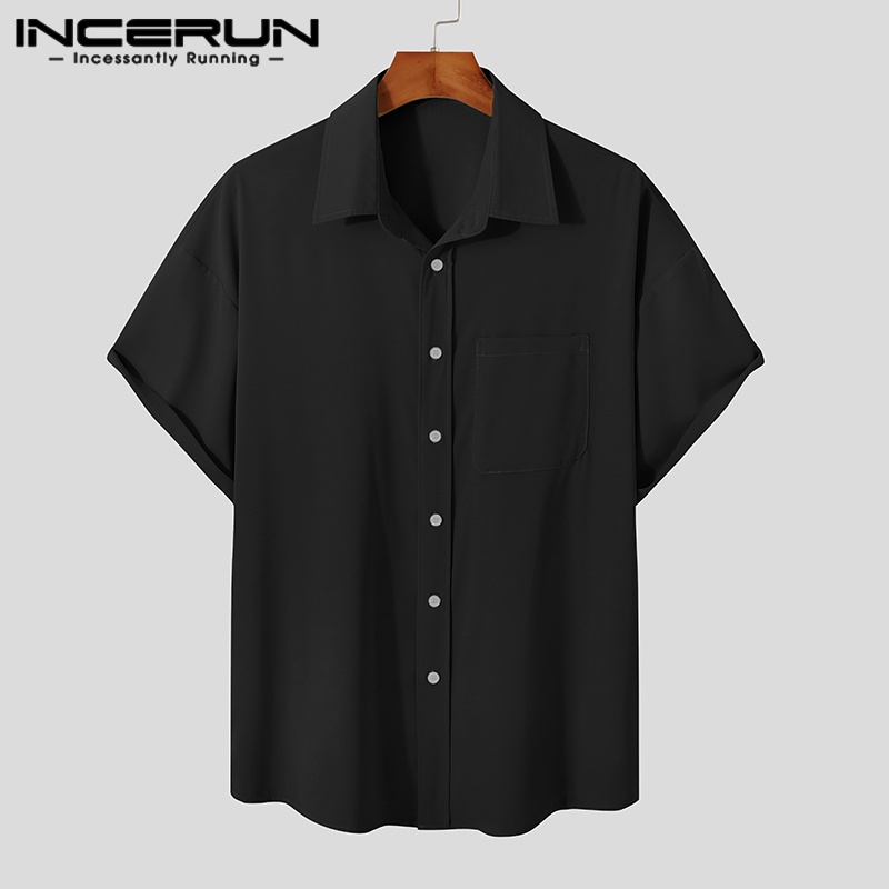 Áo sơ mi INCERUN ngắn tay màu trơn cài nút thời trang đi biển dành cho nam