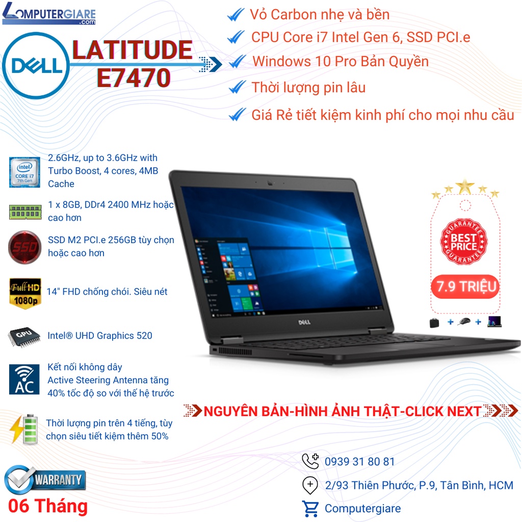 Laptop Dell Latitude E7470-Core i7 Gen 6 6600U RAM 8GB SSD 256GB-Hàng chuẩn zin giá tốt nhất