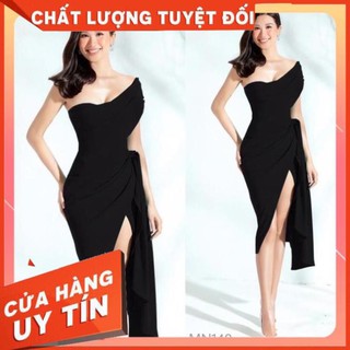 [ HÀNG CAO CẤP ] Váy vạt chéo váy đen cúp ngực đắp vai xẻ đùi nhún hông rớt tà dự tiệc (Có đệm ngực) MN108