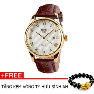 [ Siêu Hot ] Đồng hồ nam thời trang dây da màu nâu sang trọng SKMEI 9058 + Tặng vòng đeo tay phát tài