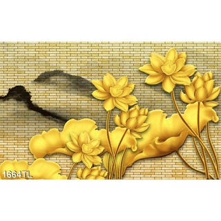 TRANH DÁN TƯỜNG 3D HOA SEN SLTL1664 - TRANH HOA SEN VÀNG NỀN KẺ Ô - YAN SHOP