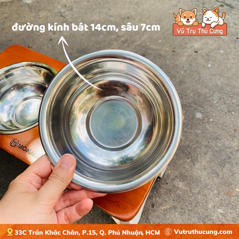 Bát ăn đôi cho Chó Mèo chống gù lưng, kèm 2 bát ăn inox, bát ăn gỗ tự nhiên