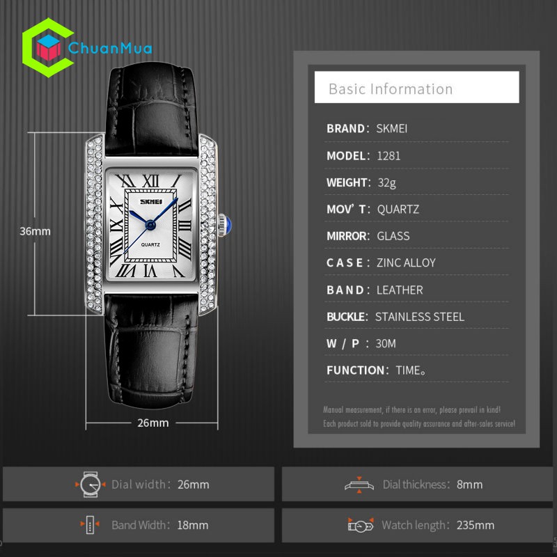 Đồng hồ nữ SKMEI mặt vuông 30mm viền đá trắng dây da cao cấp thời trang kính chống xước chống nước cao cấp 1281