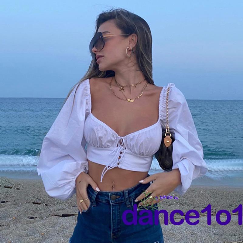 NEW Áo Kiểu Tay Dài Cổ Vuông Phối Ren Xinh Xắn Cho Nữ Mùa Hè