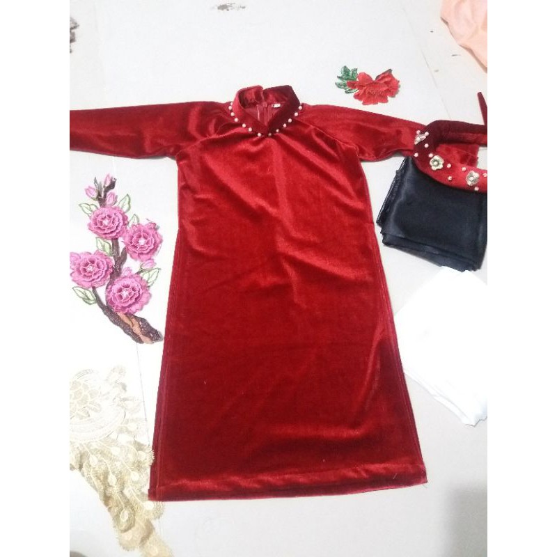 SET ÁO DÀI NHUNG CHO BÉ 8-33kg - set kèm quần và mấn- Hình thật