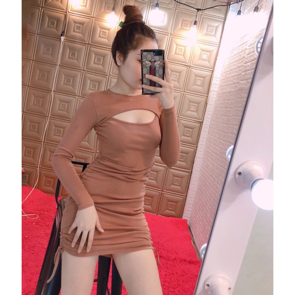Siêu phẩm đầm cut out ngực tay dài rút dây 2 bên xinh sexy hot hit