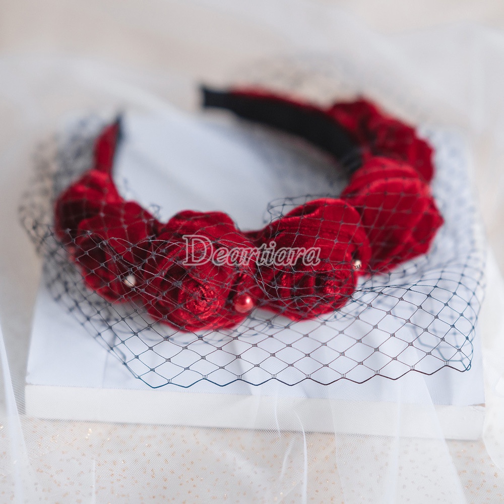 Băng Đô Cài Tóc Vải Lưới Đính Ngọc Trai Và Hoa Màu Đỏ Rượu Ngọt Ngào Cho Cô Dâu