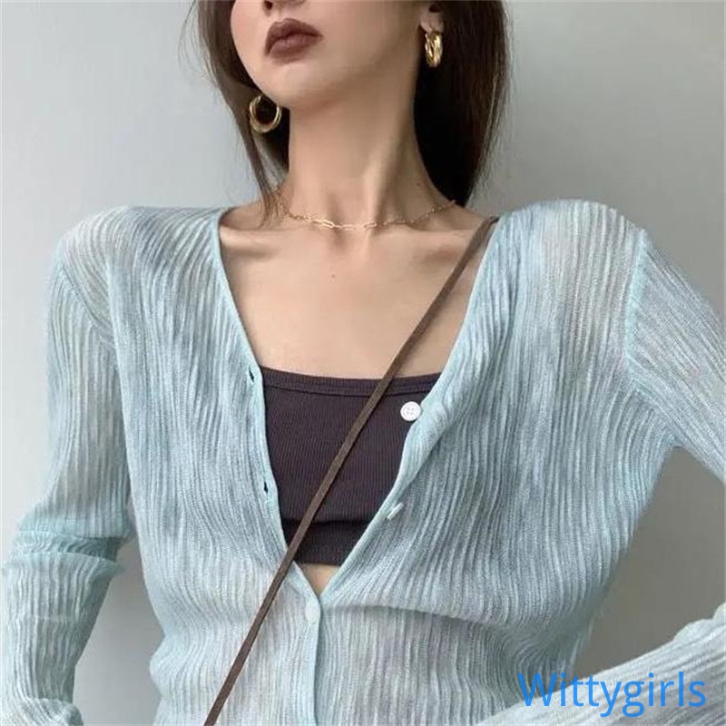 Áo Sơ Mi Tay Dài Cổ Chữ V Thiết Kế Xuyên Thấu Thời Trang Mùa Hè Cho Nữ